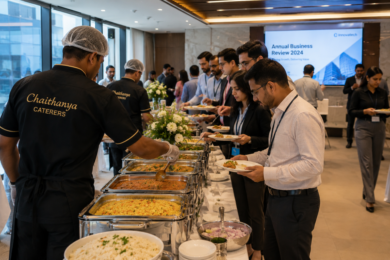 Corporate catering buffet setup by Chaithanya Catering in Bangalore